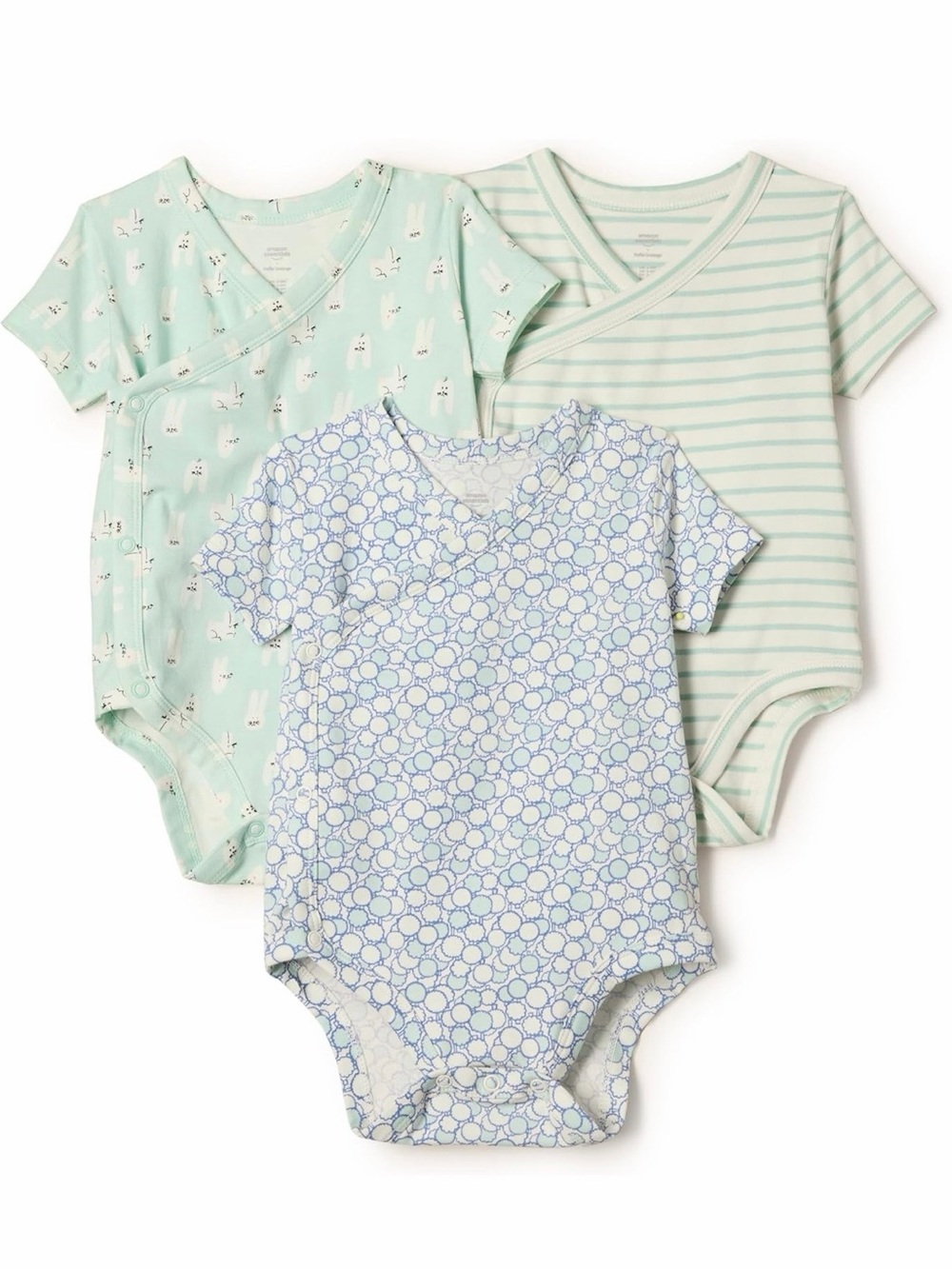 Pack of 3 Mint and Light Blue Short-Sleeve Baby Kimono Bodysuit One Piece